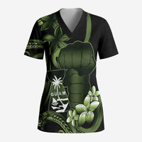 Green Hafa Adai Guam Scrub Top Chamorro Latte Stone Hand With Plumeria - Polynesian Pride
