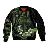 Green Hafa Adai Guam Sleeve Zip Bomber Jacket Chamorro Latte Stone Hand With Plumeria