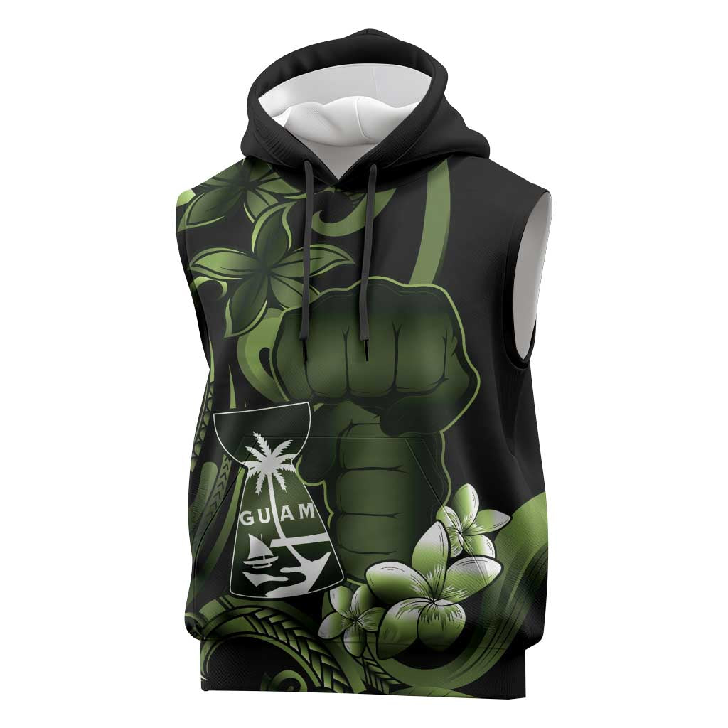Green Hafa Adai Guam Sleeveless Hoodie Chamorro Latte Stone Hand With Plumeria - Polynesian Pride