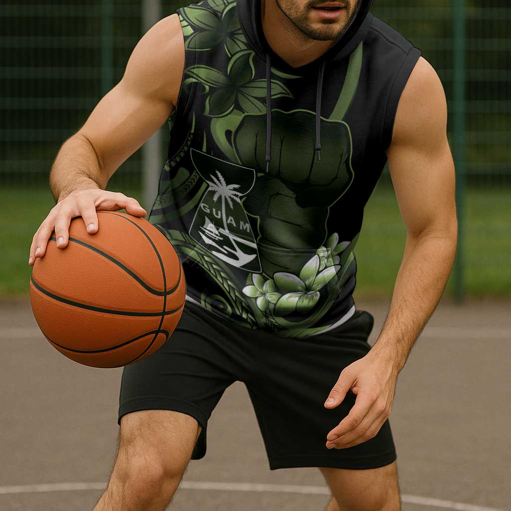 Green Hafa Adai Guam Sleeveless Hoodie Chamorro Latte Stone Hand With Plumeria - Polynesian Pride