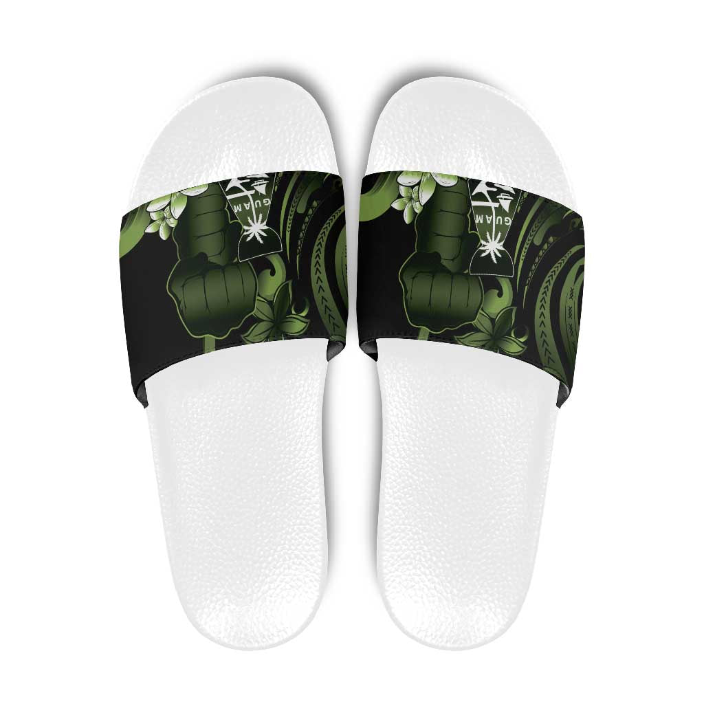 Green Hafa Adai Guam Slide Sandals Chamorro Latte Stone Hand With Plumeria - Polynesian Pride