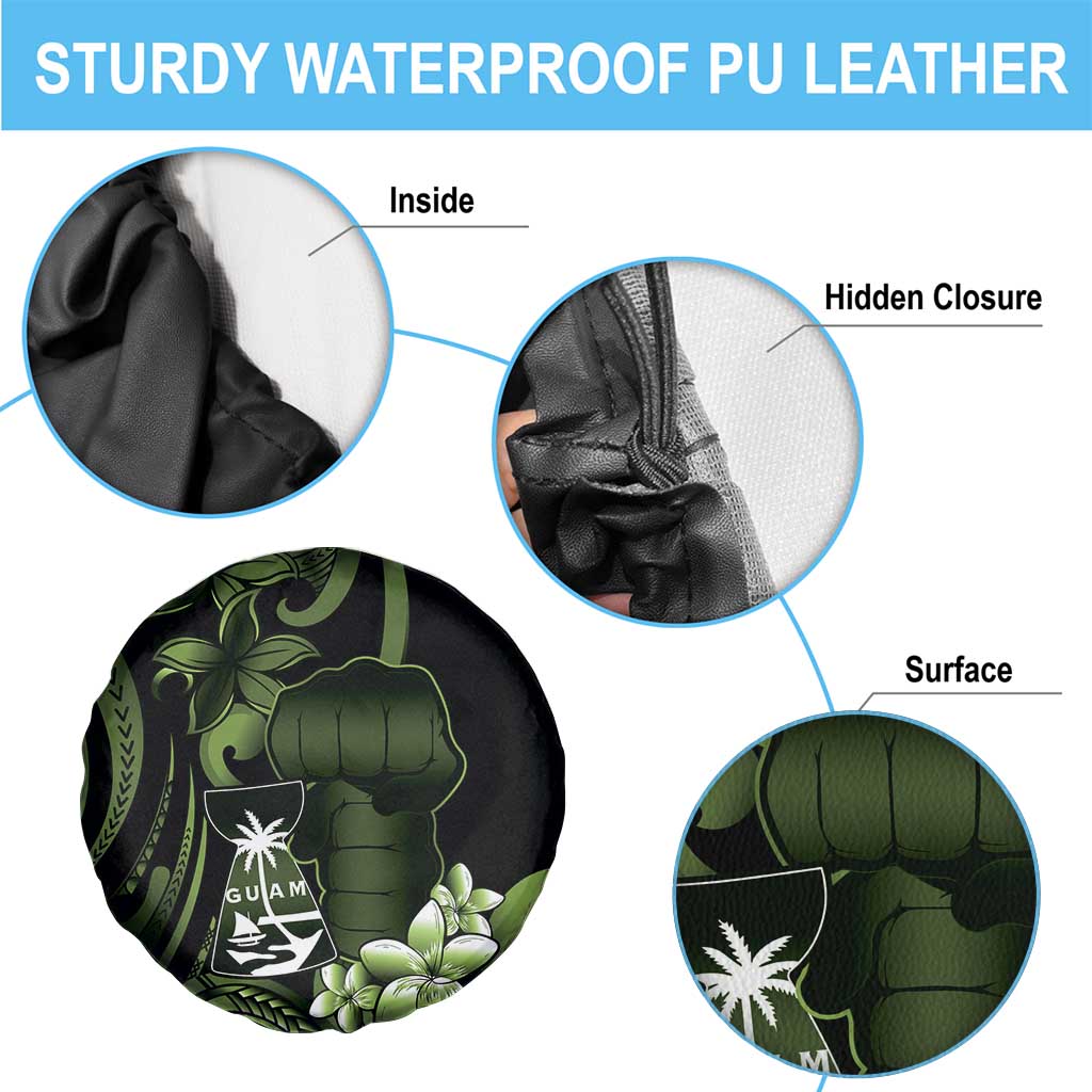 Green Hafa Adai Guam Spare Tire Cover Chamorro Latte Stone Hand With Plumeria