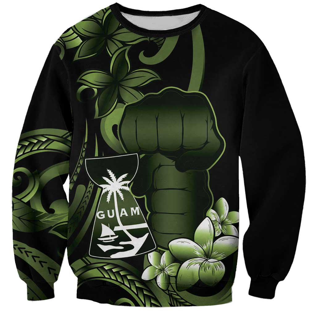 Green Hafa Adai Guam Sweatshirt Chamorro Latte Stone Hand With Plumeria