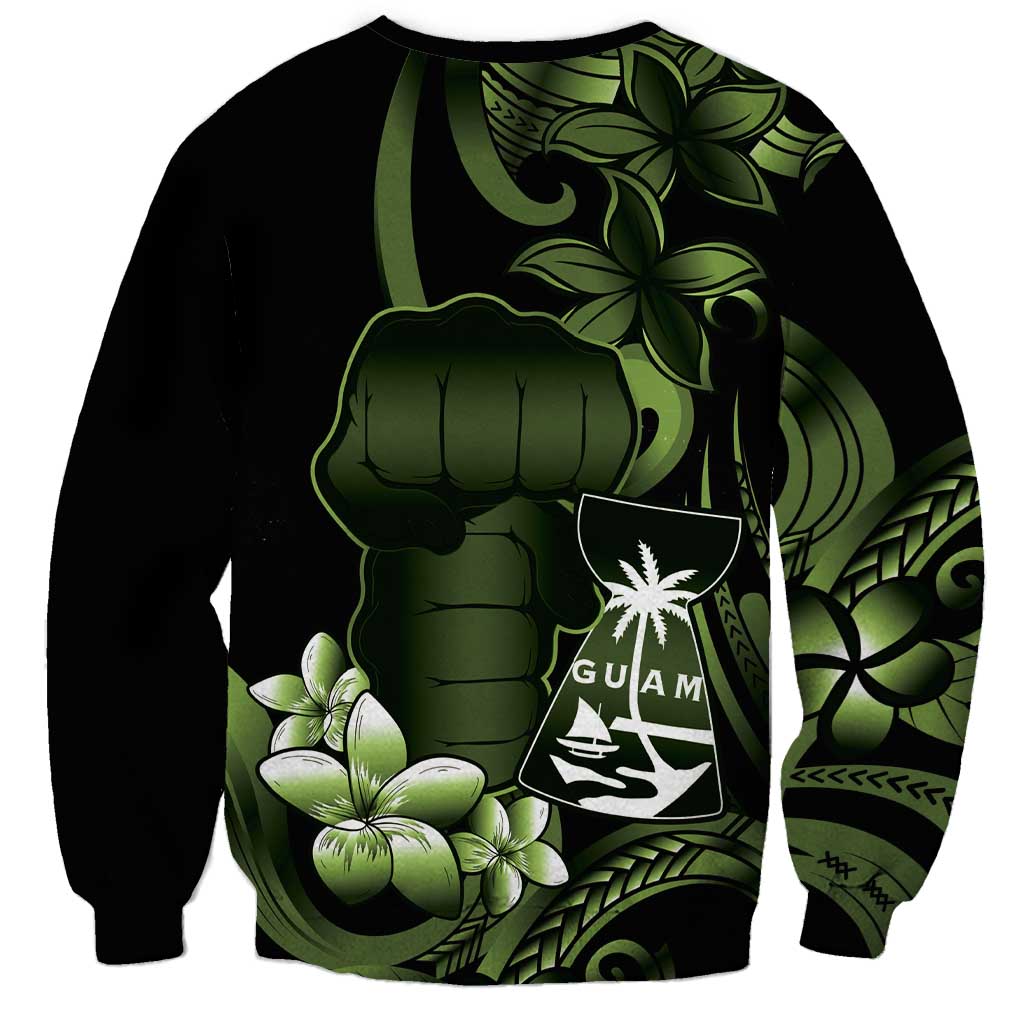 Green Hafa Adai Guam Sweatshirt Chamorro Latte Stone Hand With Plumeria