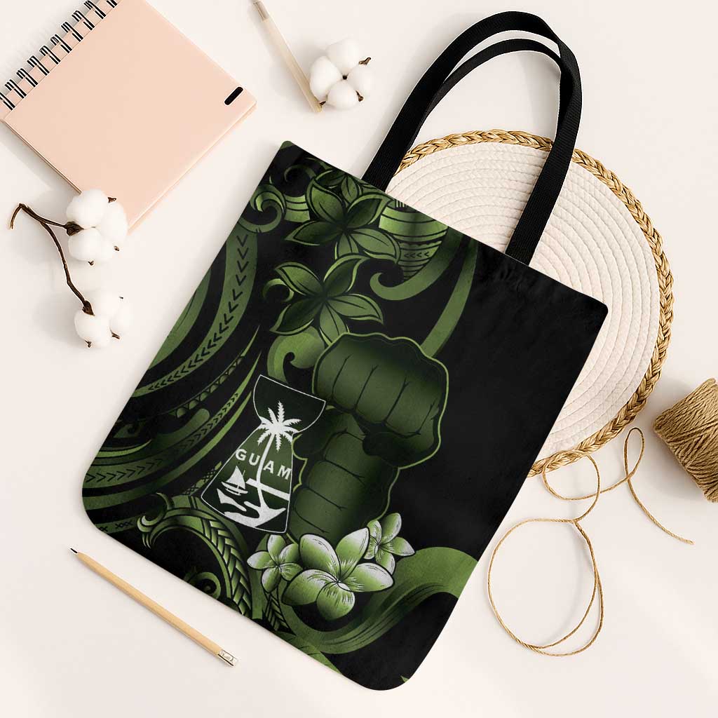 Green Hafa Adai Guam Tote Bag Chamorro Latte Stone Hand With Plumeria - Polynesian Pride