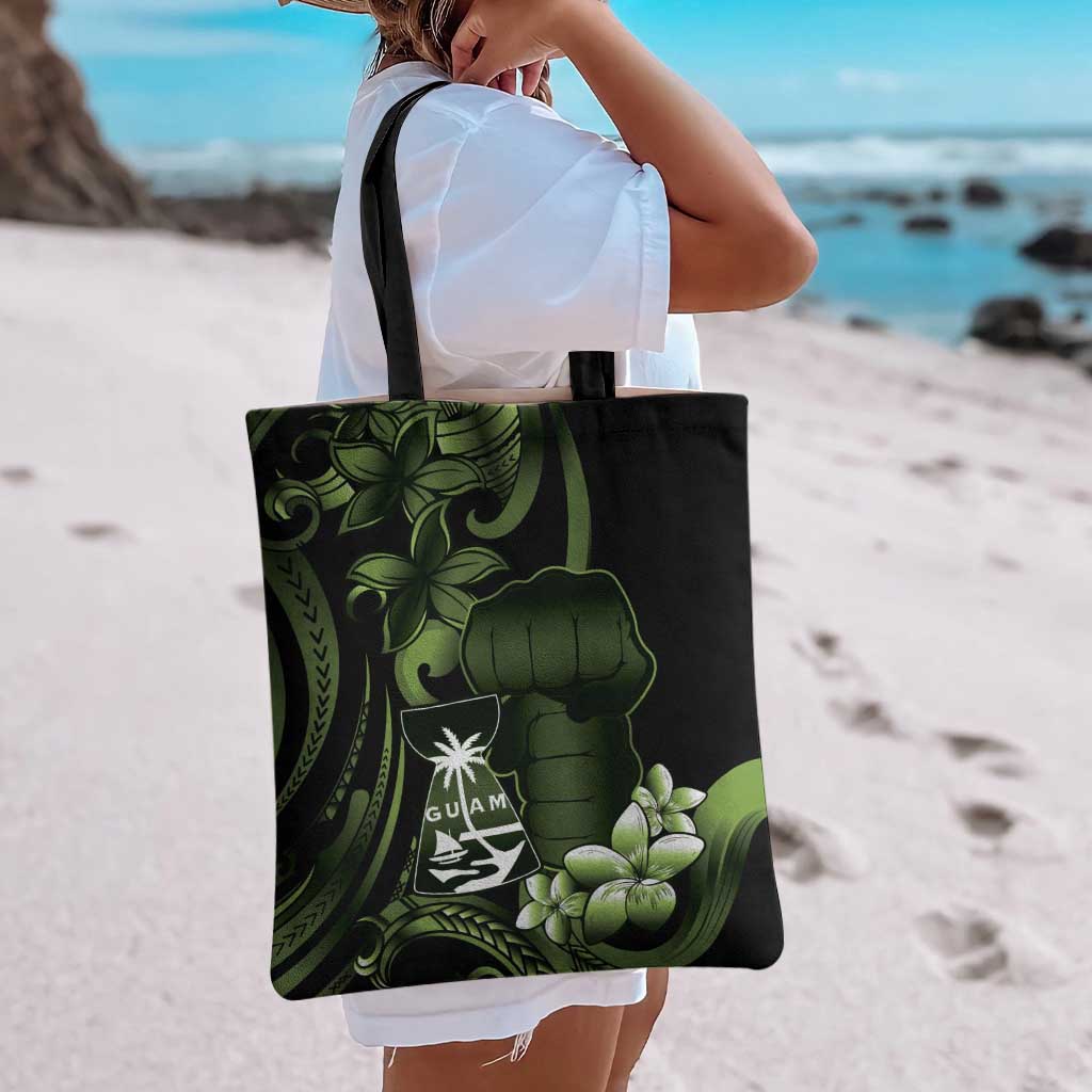 Green Hafa Adai Guam Tote Bag Chamorro Latte Stone Hand With Plumeria - Polynesian Pride