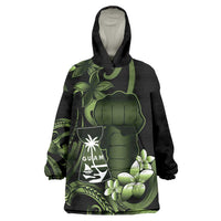 Green Hafa Adai Guam Wearable Blanket Hoodie Chamorro Latte Stone Hand With Plumeria