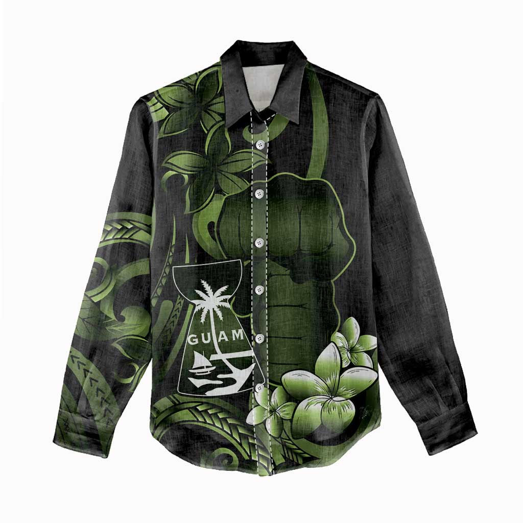 Green Hafa Adai Guam Women Casual Shirt Chamorro Latte Stone Hand With Plumeria