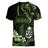 Green Hafa Adai Guam Women V-Neck T-Shirt Chamorro Latte Stone Hand With Plumeria