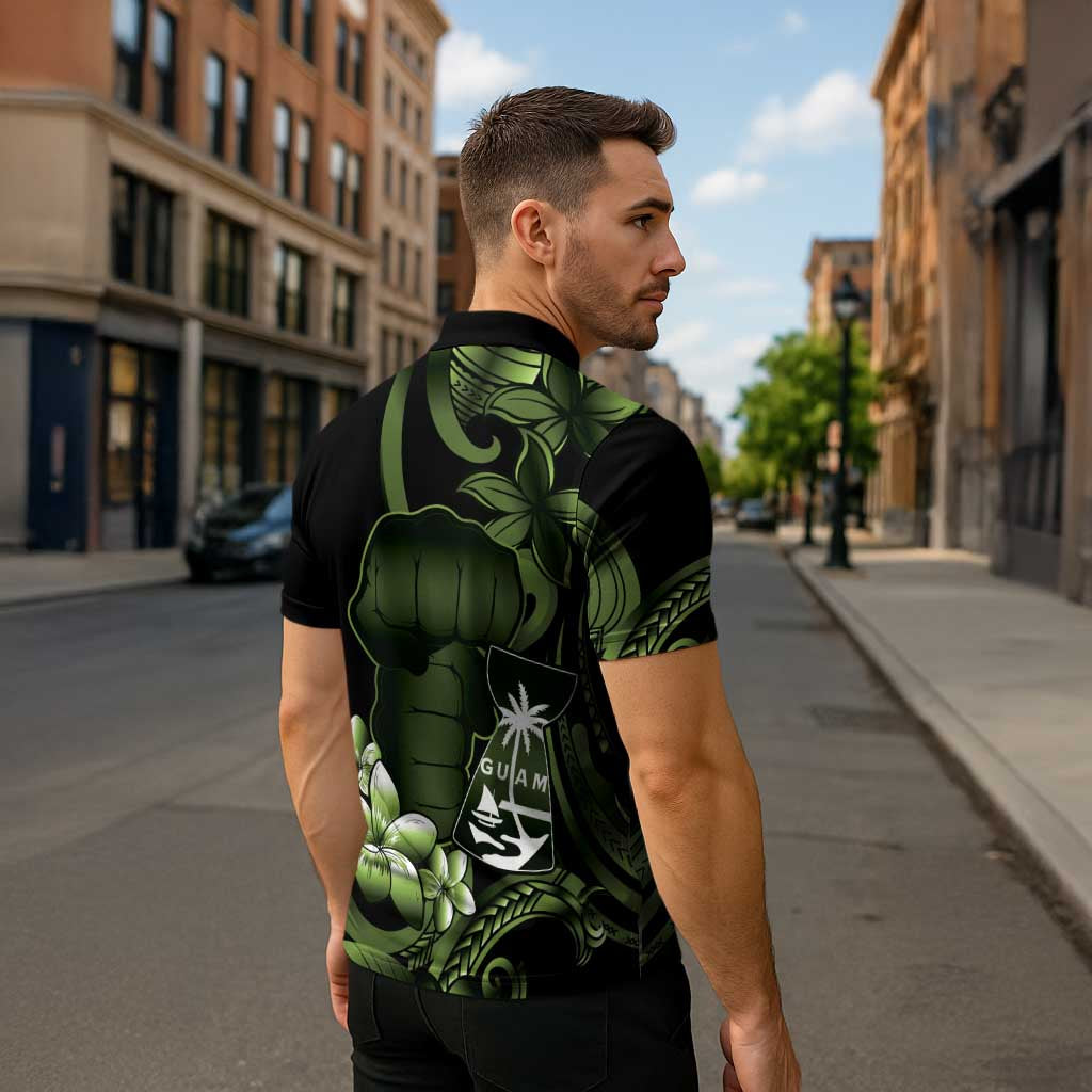 Green Hafa Adai Guam Zipper Polo Shirt Chamorro Latte Stone Hand With Plumeria - Polynesian Pride