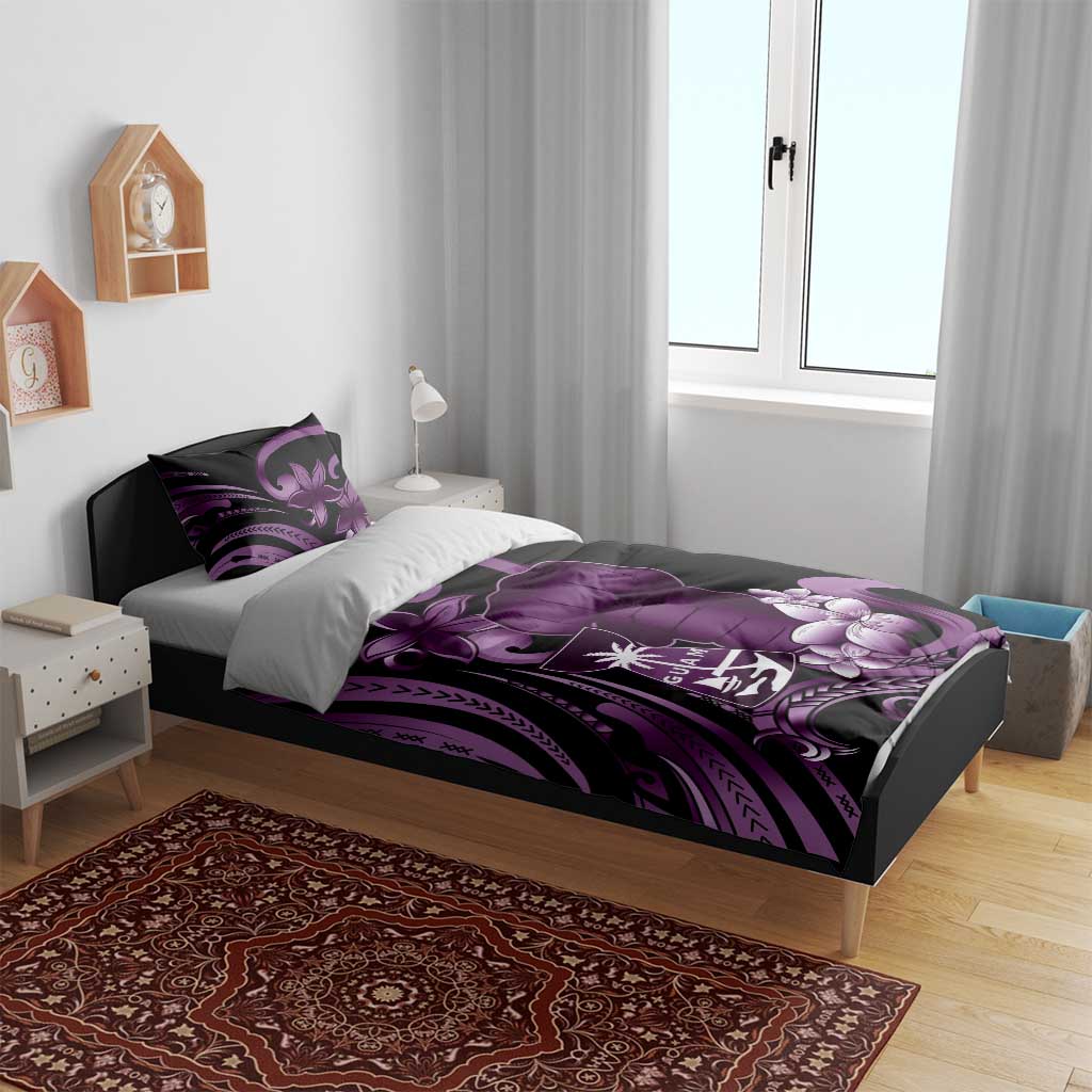 Purple Hafa Adai Guam Bedding Set Chamorro Latte Stone Hand With Plumeria