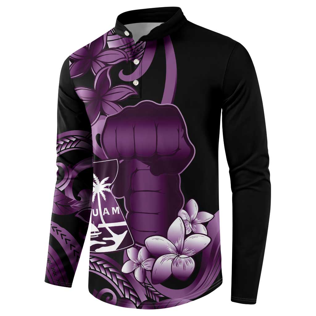 Purple Hafa Adai Guam Button Sweatshirt Chamorro Latte Stone Hand With Plumeria