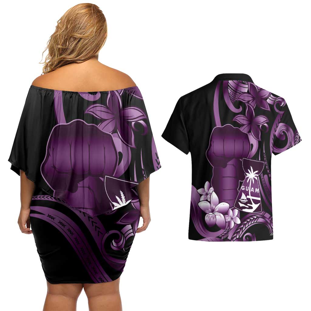 Purple Hafa Adai Guam Couples Matching Off Shoulder Short Dress and Hawaiian Shirt Chamorro Latte Stone Hand With Plumeria LT14 - Polynesian Pride