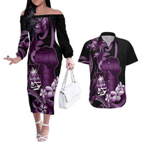 Purple Hafa Adai Guam Couples Matching Off The Shoulder Long Sleeve Dress and Hawaiian Shirt Chamorro Latte Stone Hand With Plumeria LT14 Purple - Polynesian Pride