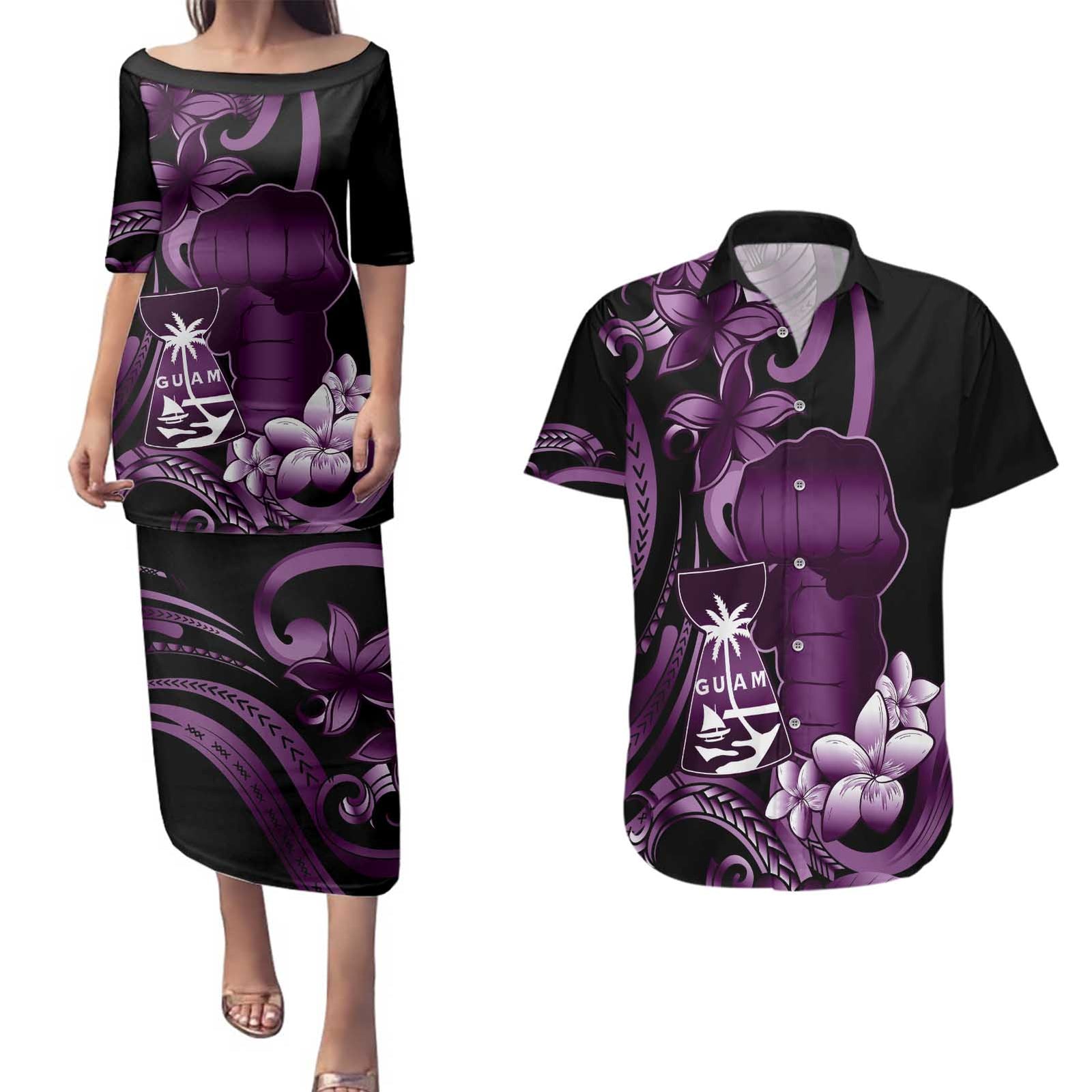 Purple Hafa Adai Guam Couples Matching Puletasi and Hawaiian Shirt Chamorro Latte Stone Hand With Plumeria