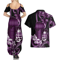 Purple Hafa Adai Guam Couples Matching Summer Maxi Dress and Hawaiian Shirt Chamorro Latte Stone Hand With Plumeria