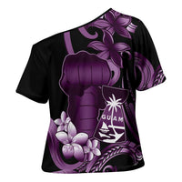 Purple Hafa Adai Guam Cross Shoulder Shirt Chamorro Latte Stone Hand With Plumeria - Polynesian Pride