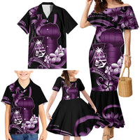 Purple Hafa Adai Guam Family Matching Mermaid Dress and Hawaiian Shirt Chamorro Latte Stone Hand With Plumeria