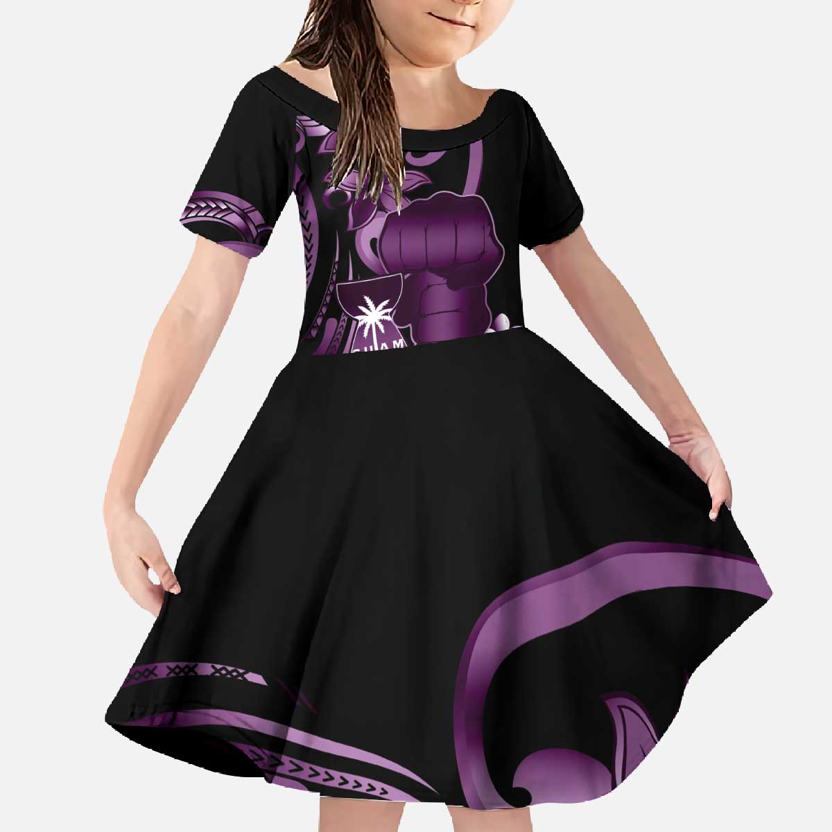 Purple Hafa Adai Guam Family Matching Off The Shoulder Long Sleeve Dress and Hawaiian Shirt Chamorro Latte Stone Hand With Plumeria LT14 Daughter's Dress Purple - Polynesian Pride