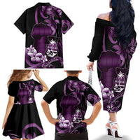 Purple Hafa Adai Guam Family Matching Off The Shoulder Long Sleeve Dress and Hawaiian Shirt Chamorro Latte Stone Hand With Plumeria LT14 - Polynesian Pride