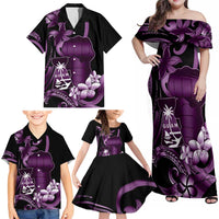Purple Hafa Adai Guam Family Matching Off Shoulder Maxi Dress and Hawaiian Shirt Chamorro Latte Stone Hand With Plumeria LT14 - Polynesian Pride