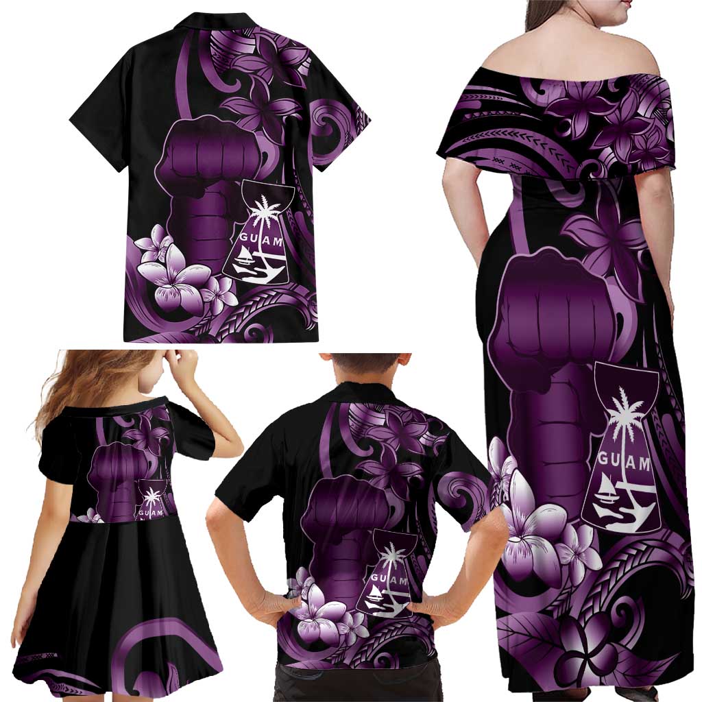 Purple Hafa Adai Guam Family Matching Off Shoulder Maxi Dress and Hawaiian Shirt Chamorro Latte Stone Hand With Plumeria LT14 - Polynesian Pride