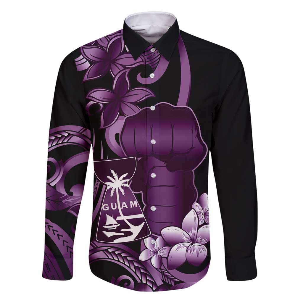 Purple Hafa Adai Guam Family Matching Off Shoulder Short Dress and Hawaiian Shirt Chamorro Latte Stone Hand With Plumeria LT14 Dad's Shirt - Long Sleeve Purple - Polynesian Pride