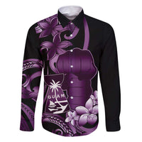 Purple Hafa Adai Guam Family Matching Off Shoulder Short Dress and Hawaiian Shirt Chamorro Latte Stone Hand With Plumeria LT14 Dad's Shirt - Long Sleeve Purple - Polynesian Pride