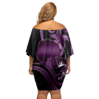 Purple Hafa Adai Guam Family Matching Off Shoulder Short Dress and Hawaiian Shirt Chamorro Latte Stone Hand With Plumeria LT14 - Polynesian Pride