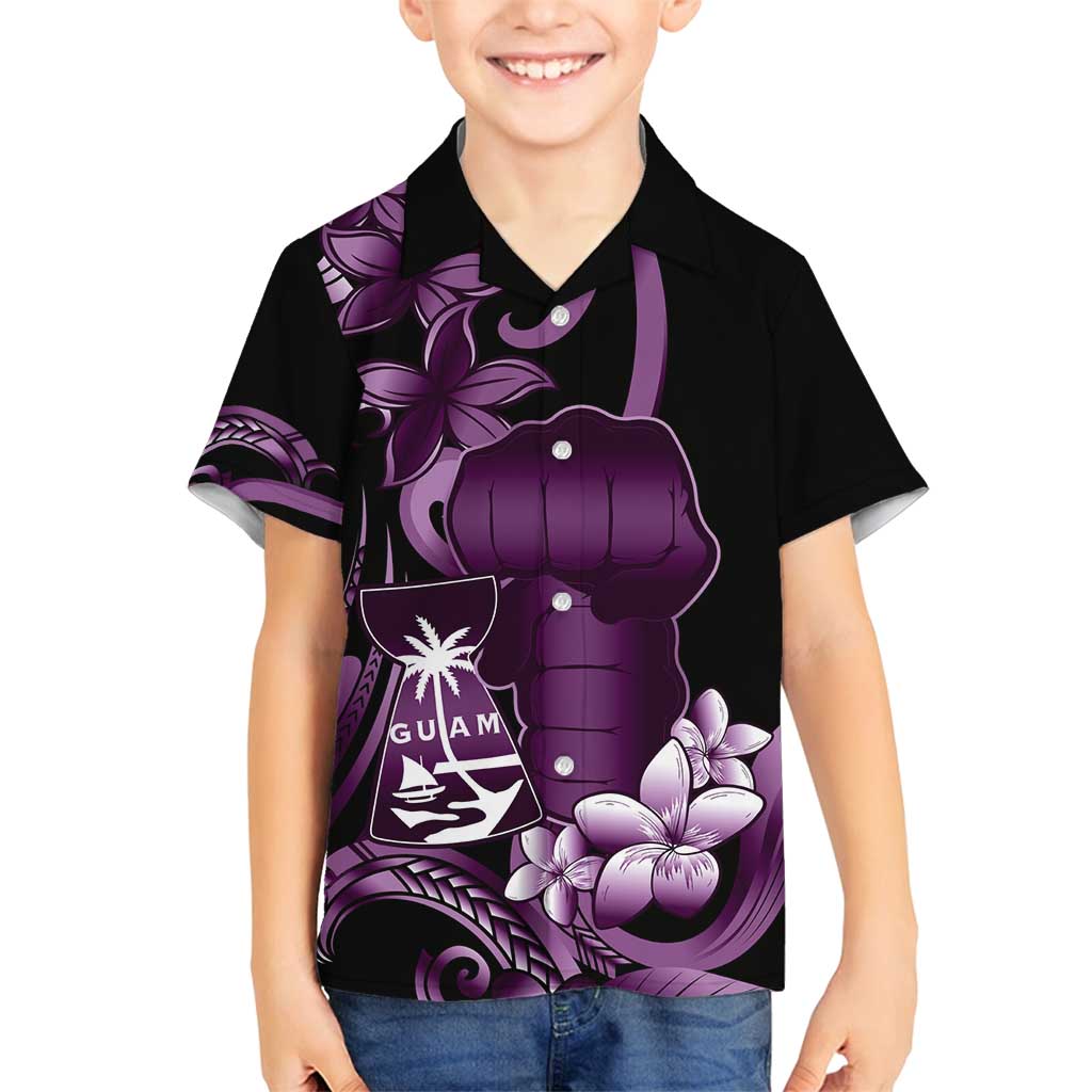 Purple Hafa Adai Guam Family Matching Off Shoulder Short Dress and Hawaiian Shirt Chamorro Latte Stone Hand With Plumeria LT14 Son's Shirt Purple - Polynesian Pride