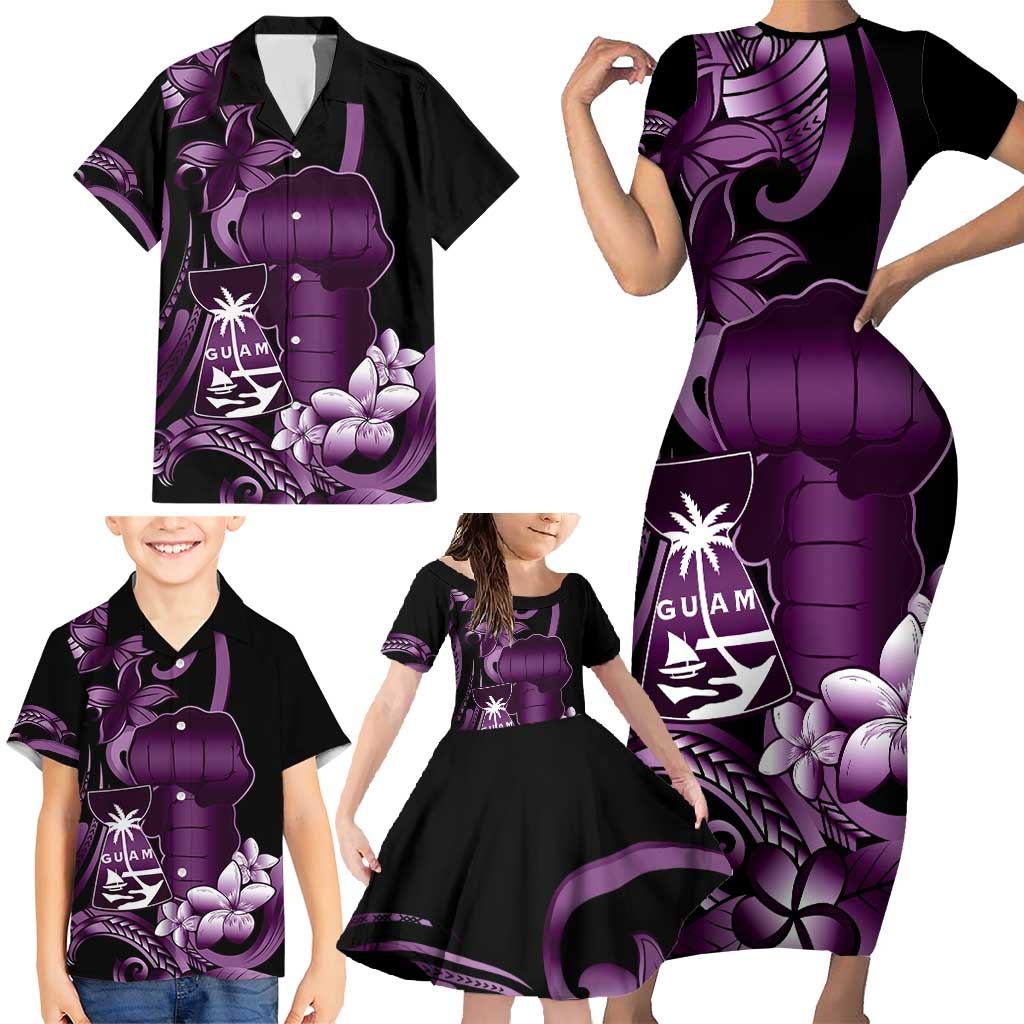 Purple Hafa Adai Guam Family Matching Short Sleeve Bodycon Dress and Hawaiian Shirt Chamorro Latte Stone Hand With Plumeria