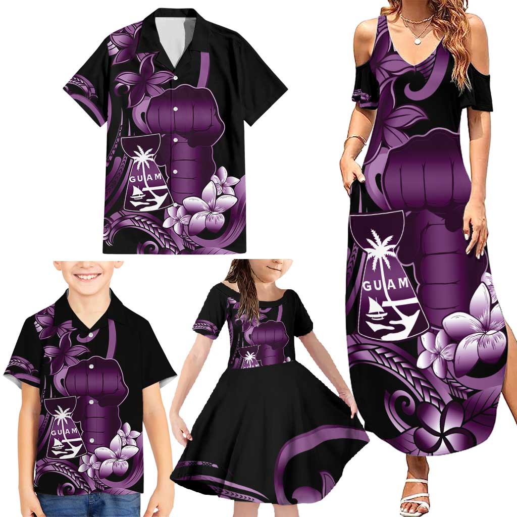 Purple Hafa Adai Guam Family Matching Summer Maxi Dress and Hawaiian Shirt Chamorro Latte Stone Hand With Plumeria