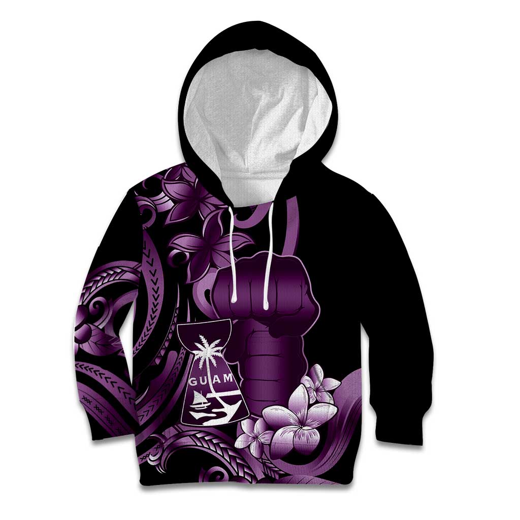 Purple Hafa Adai Guam Kid Hoodie Chamorro Latte Stone Hand With Plumeria
