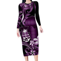 Purple Hafa Adai Guam Long Sleeve Bodycon Dress Chamorro Latte Stone Hand With Plumeria
