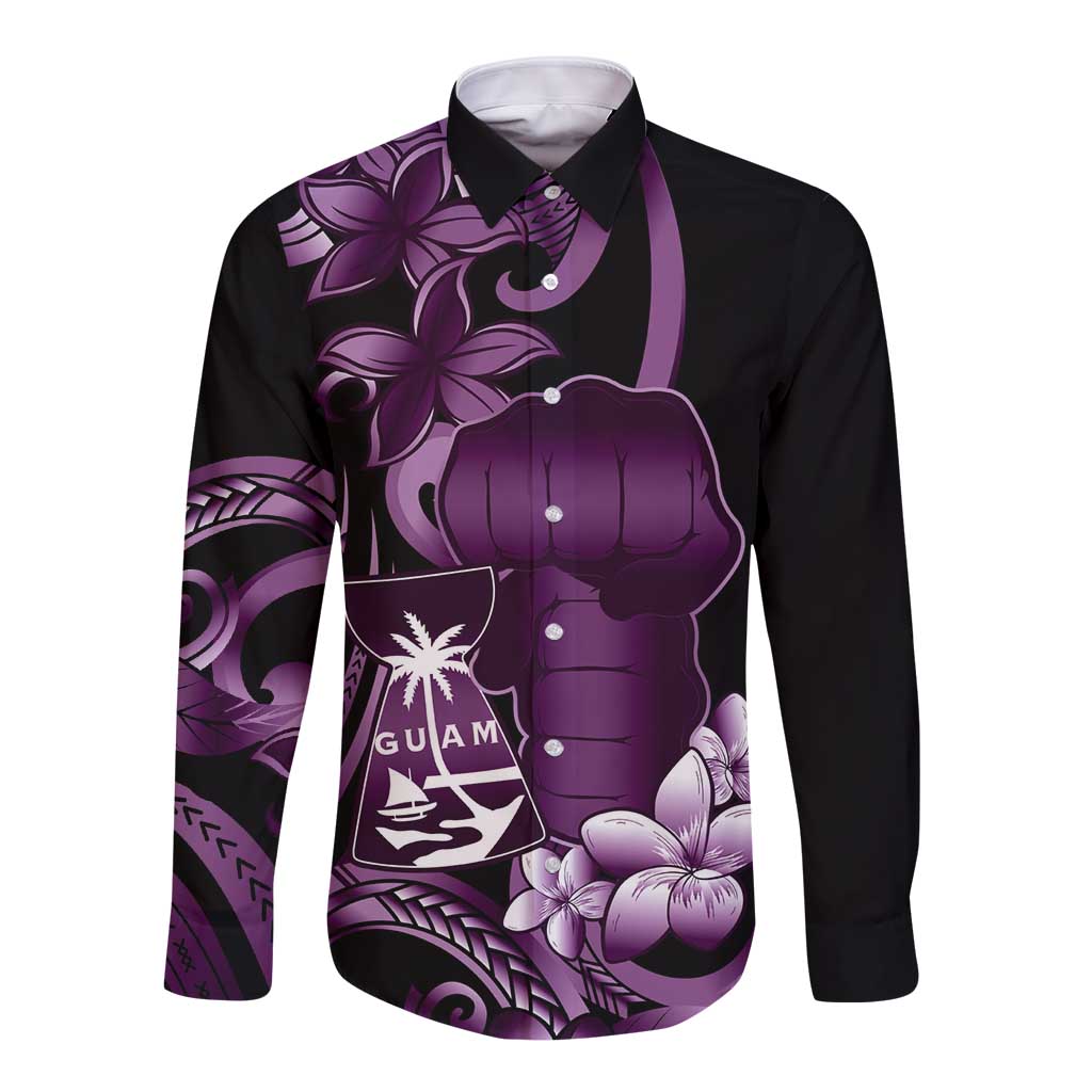 Purple Hafa Adai Guam Long Sleeve Button Shirt Chamorro Latte Stone Hand With Plumeria