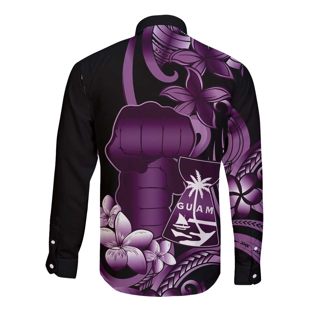 Purple Hafa Adai Guam Long Sleeve Button Shirt Chamorro Latte Stone Hand With Plumeria