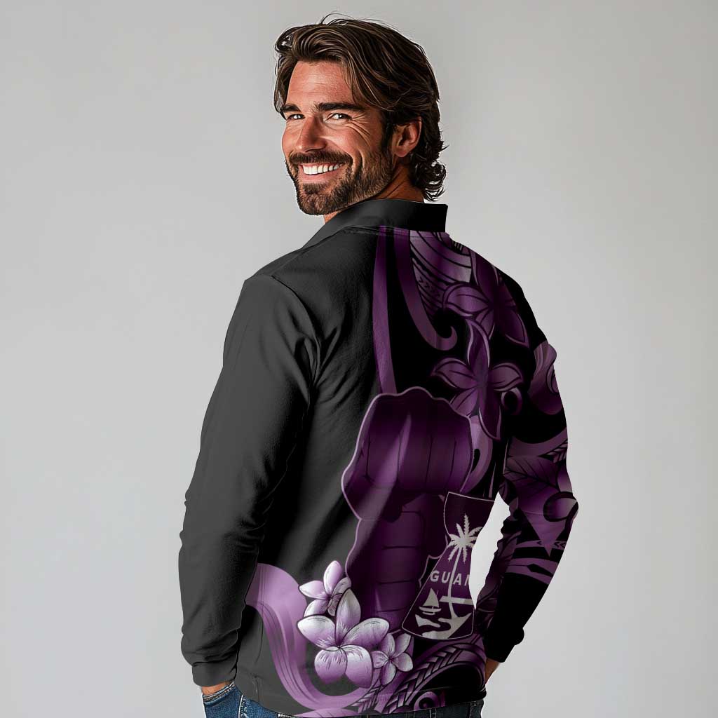 Purple Hafa Adai Guam Long Sleeve Polo Shirt Chamorro Latte Stone Hand With Plumeria