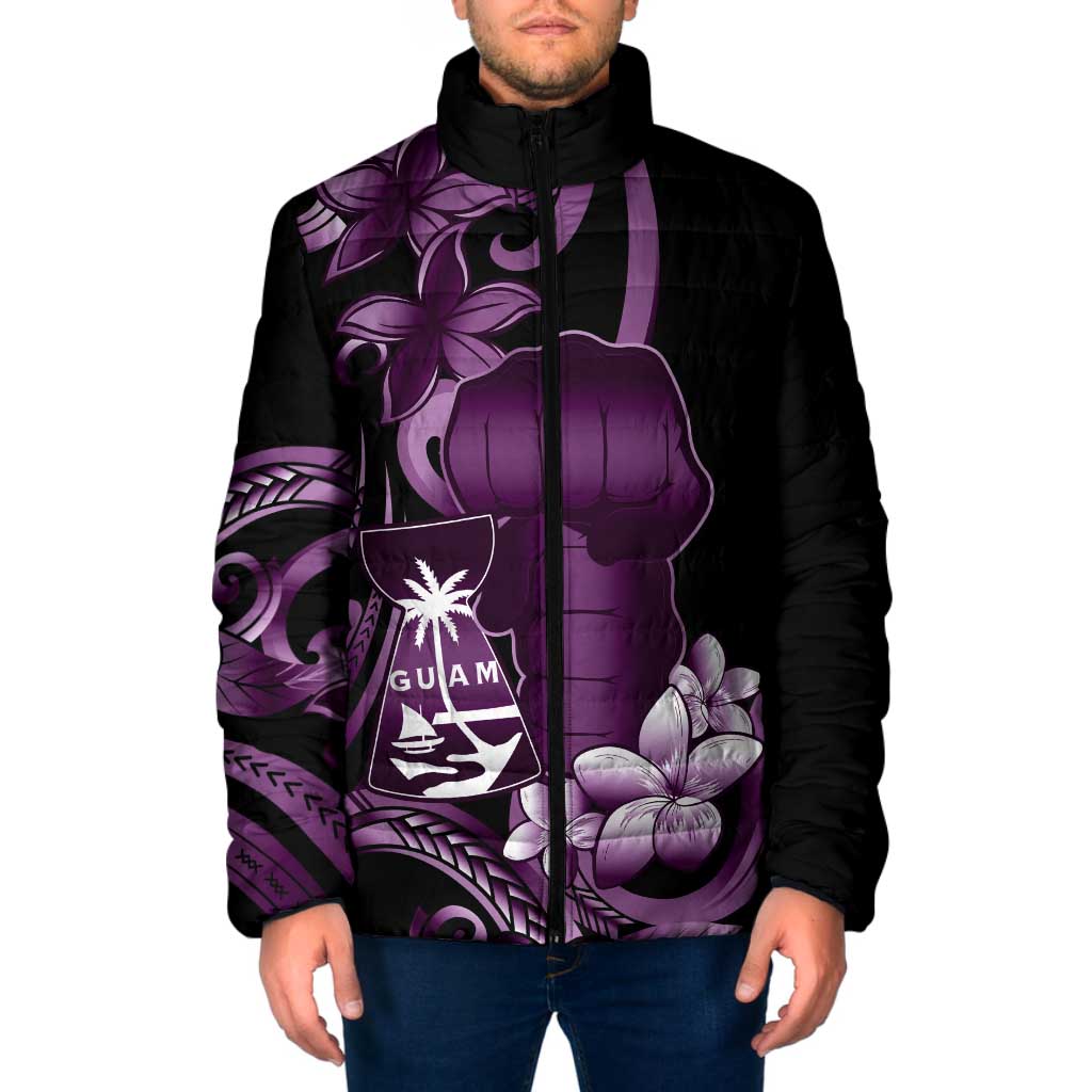 Purple Hafa Adai Guam Padded Jacket Chamorro Latte Stone Hand With Plumeria - Polynesian Pride