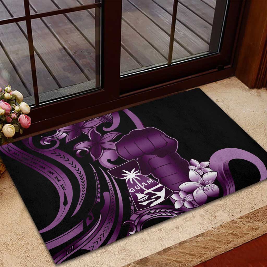 Purple Hafa Adai Guam Rubber Doormat Chamorro Latte Stone Hand With Plumeria