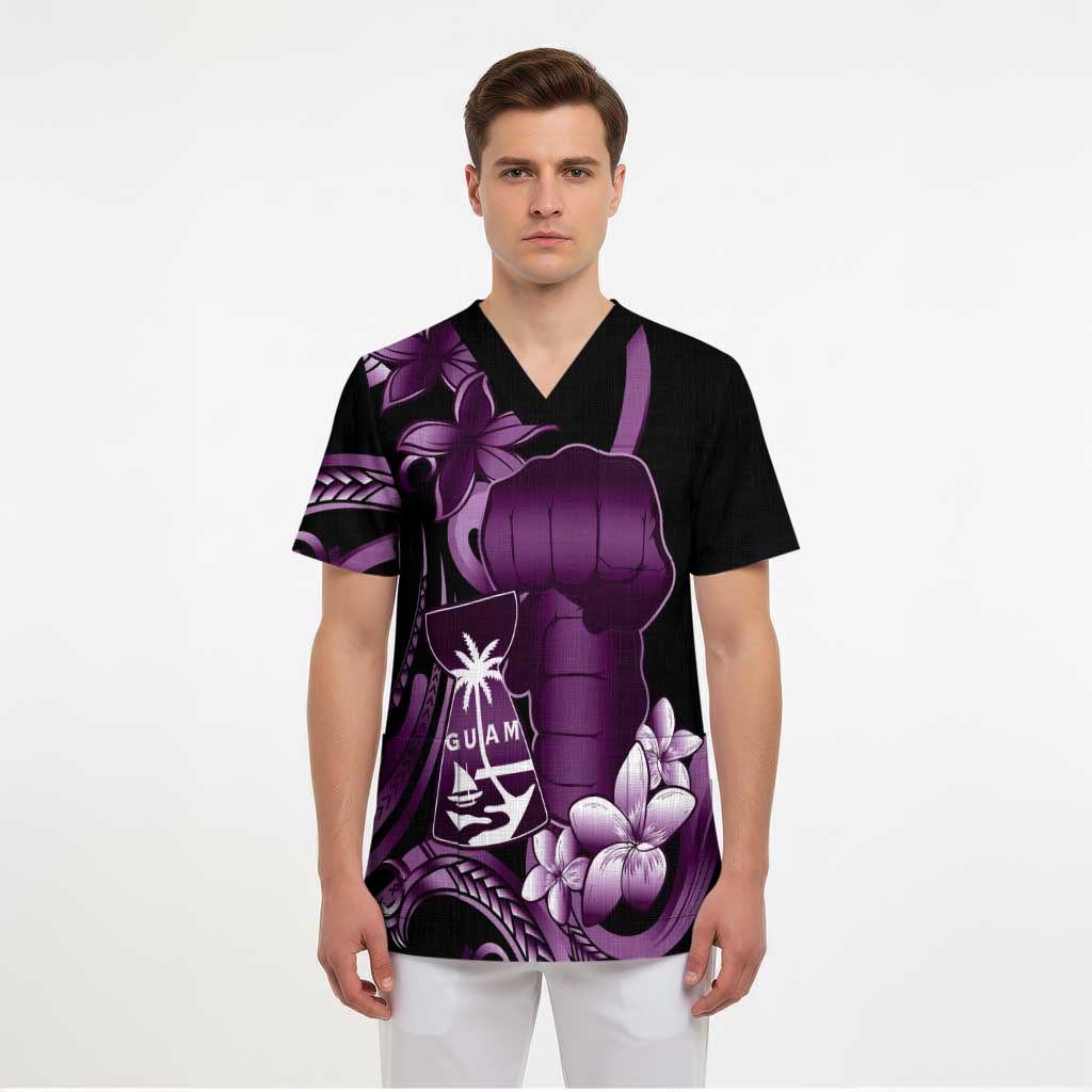 Purple Hafa Adai Guam Scrub Top Chamorro Latte Stone Hand With Plumeria - Polynesian Pride