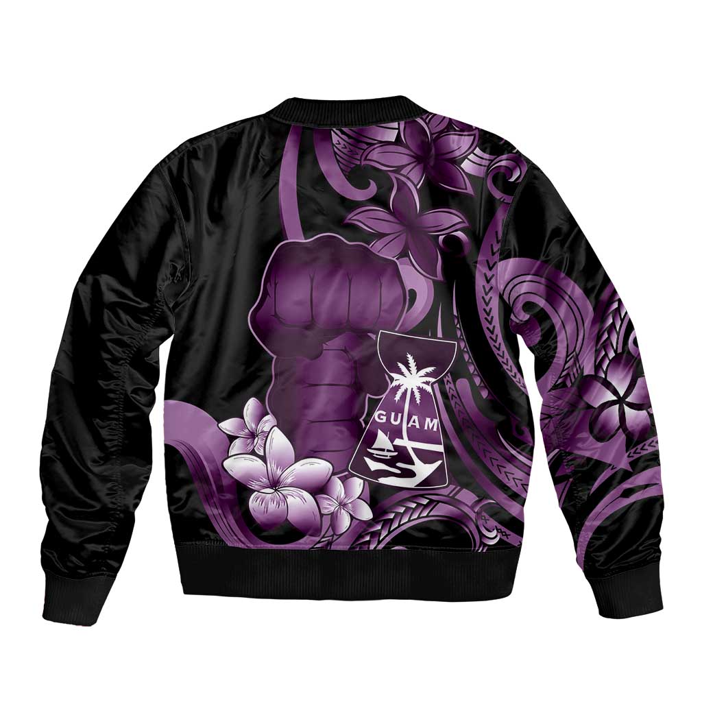 Purple Hafa Adai Guam Sleeve Zip Bomber Jacket Chamorro Latte Stone Hand With Plumeria