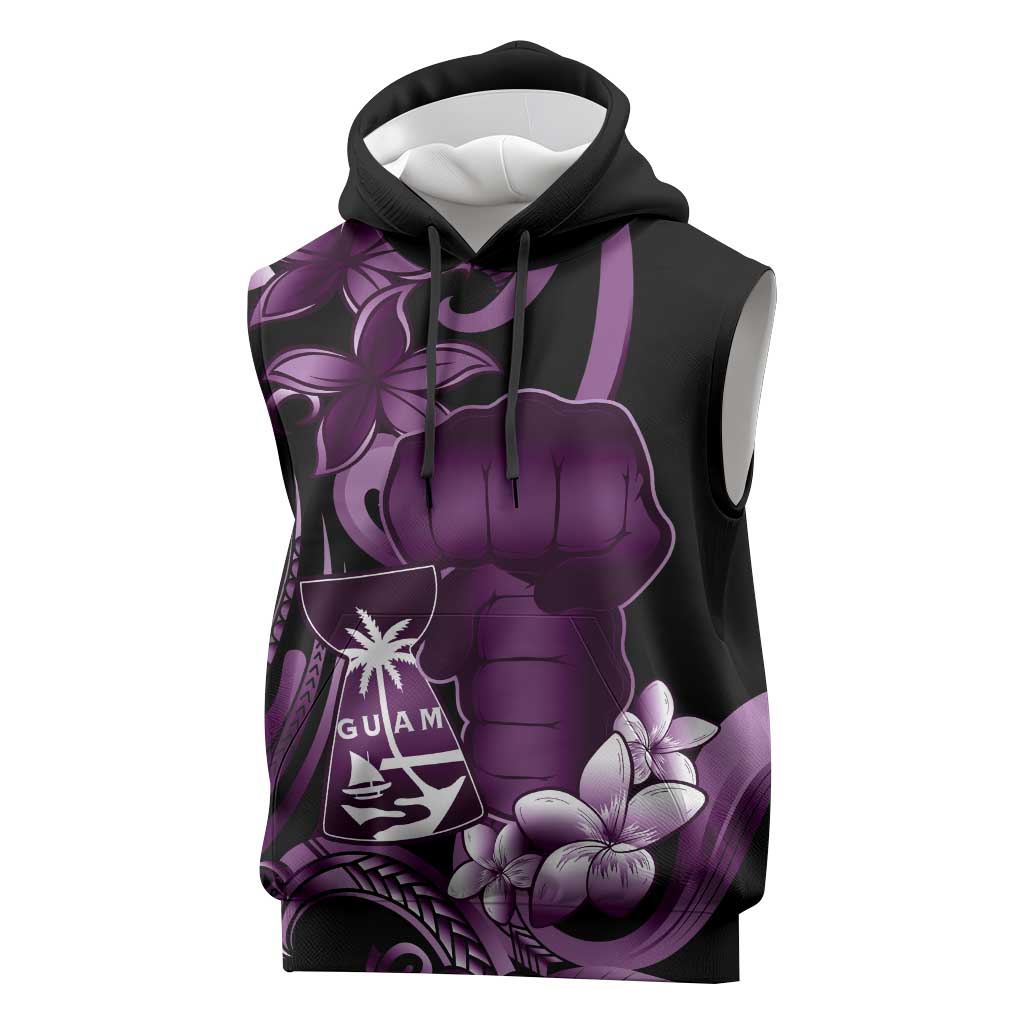 Purple Hafa Adai Guam Sleeveless Hoodie Chamorro Latte Stone Hand With Plumeria - Polynesian Pride