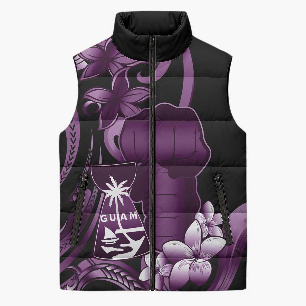 Purple Hafa Adai Guam Sleeveless Puffer Jacket Chamorro Latte Stone Hand With Plumeria - Polynesian Pride