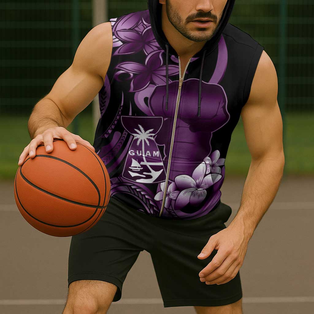 Purple Hafa Adai Guam Sleeveless Zip Hoodie Chamorro Latte Stone Hand With Plumeria - Polynesian Pride