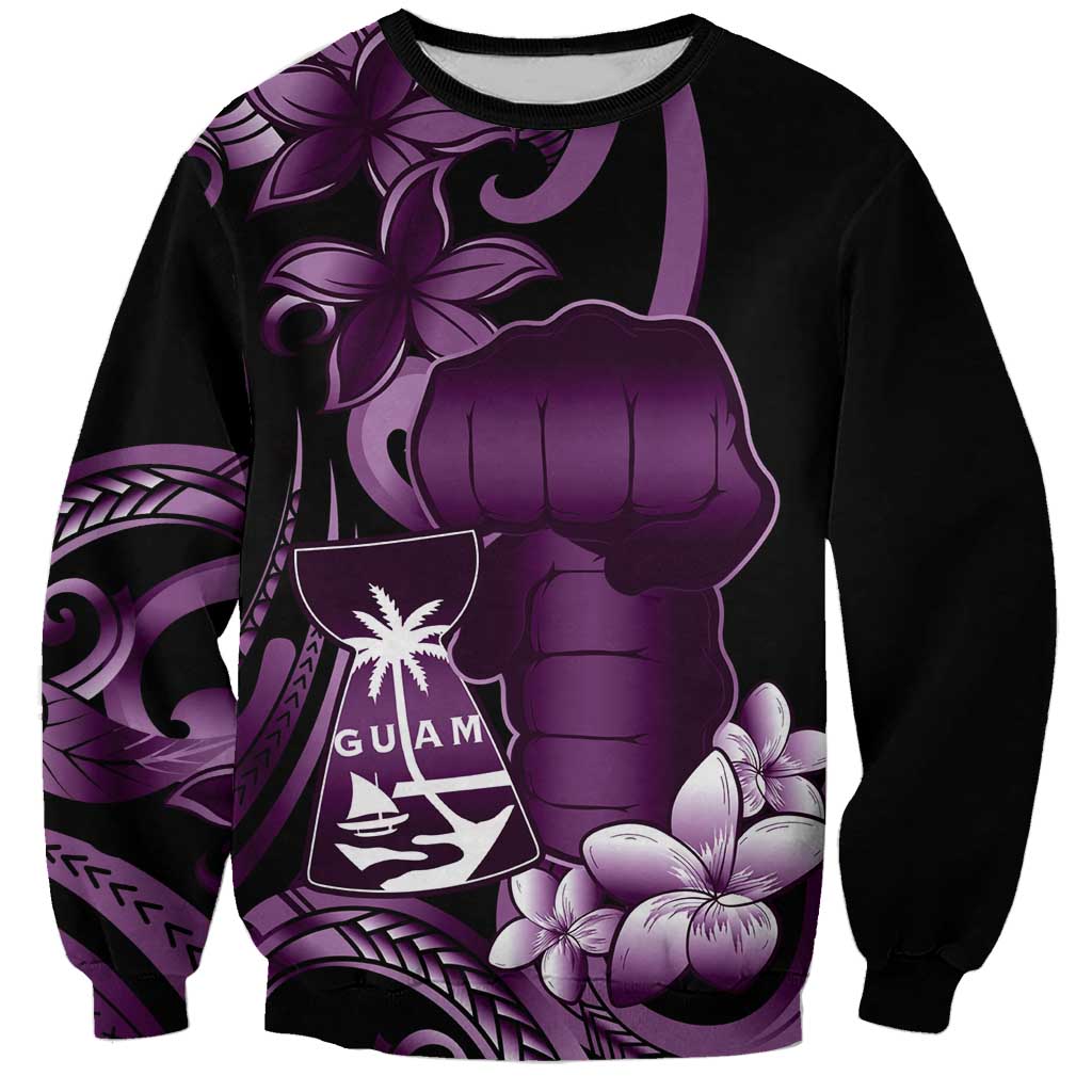Purple Hafa Adai Guam Sweatshirt Chamorro Latte Stone Hand With Plumeria