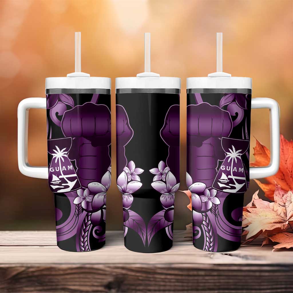 Purple Hafa Adai Guam Tumbler With Handle Chamorro Latte Stone Hand With Plumeria