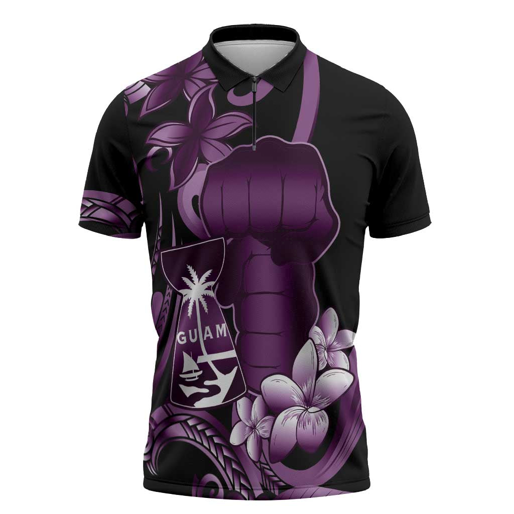 Purple Hafa Adai Guam Zipper Polo Shirt Chamorro Latte Stone Hand With Plumeria - Polynesian Pride