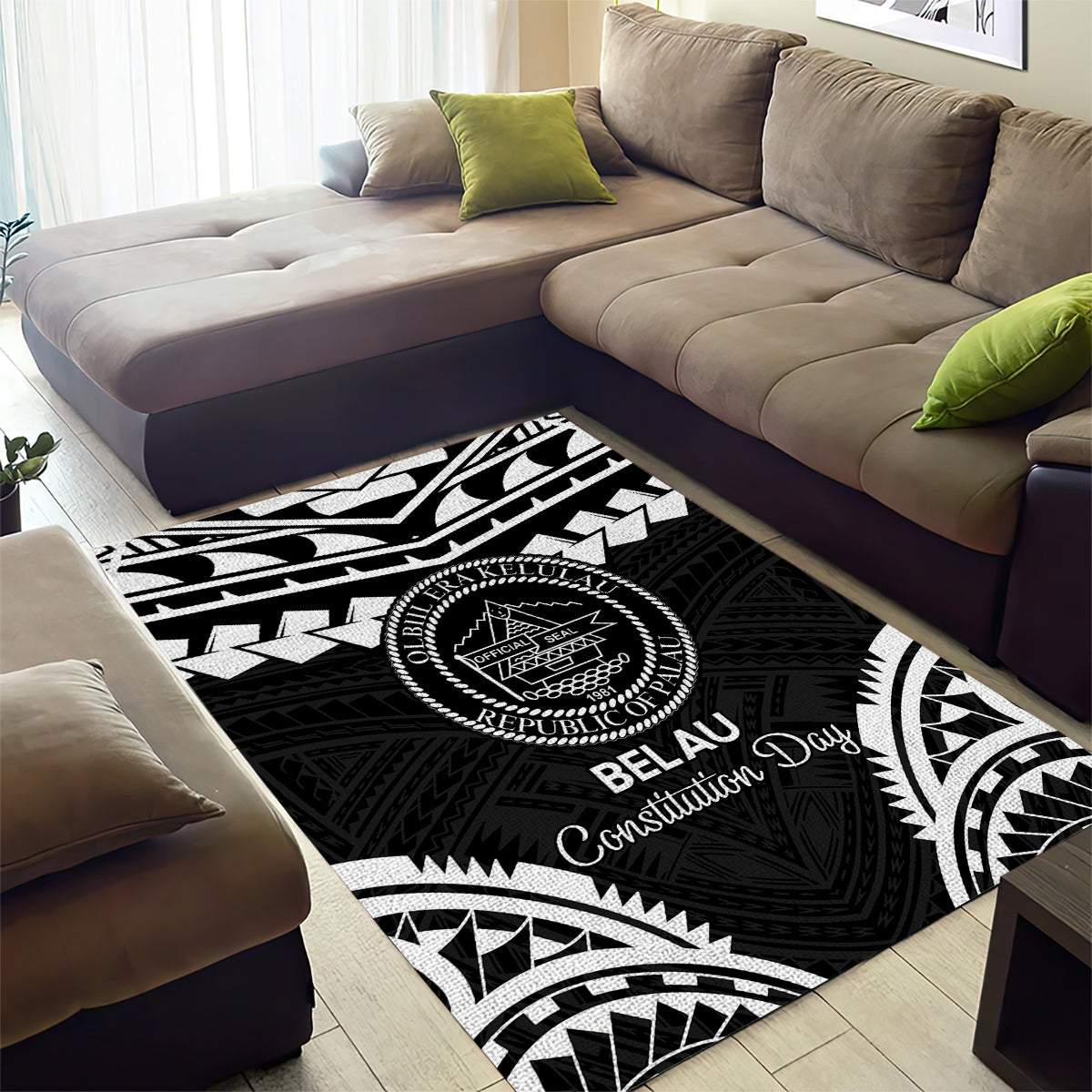 Palau Constitution Day Area Rug Belau Seal With Polynesian Pattern - Black
