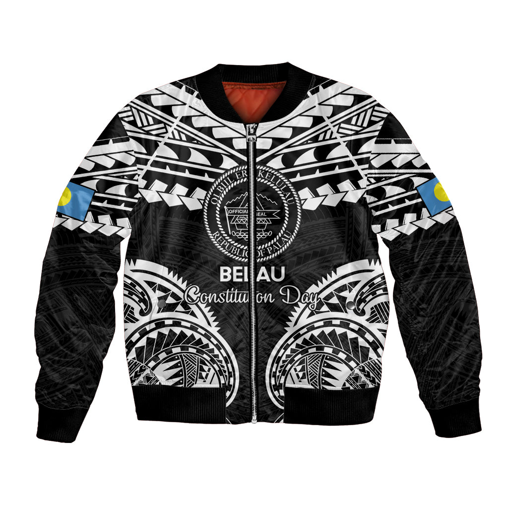 Palau Constitution Day Bomber Jacket Belau Seal With Polynesian Pattern - Black