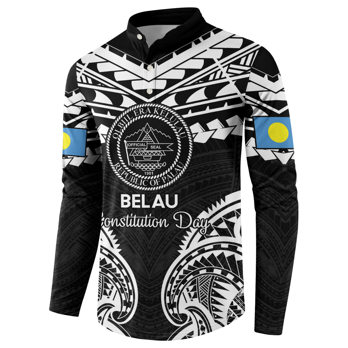 Palau Constitution Day Button Sweatshirt Belau Seal With Polynesian Pattern - Black